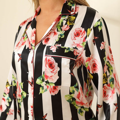 Women Flower Printed Silk Pajamas 100% Floral Silk Sleepwear