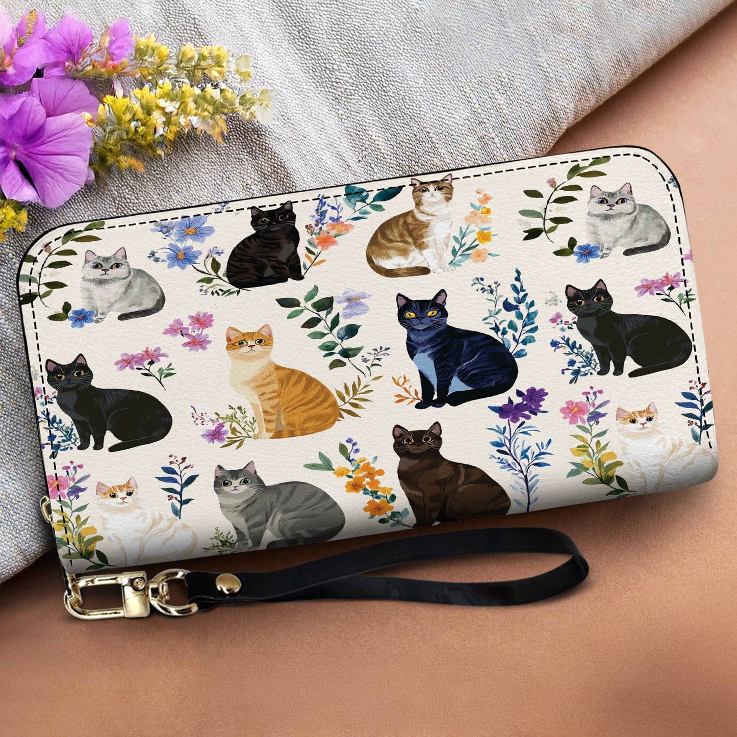 Leather Bag Charming Floral Cats