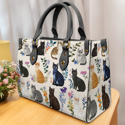 Leather Bag Charming Floral Cats