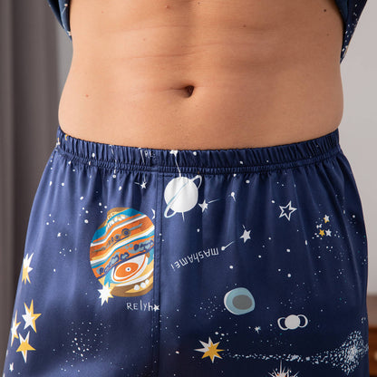 Mens Navy Blue Silk Pajama Set Galaxy Print Mens Silk Pajamas