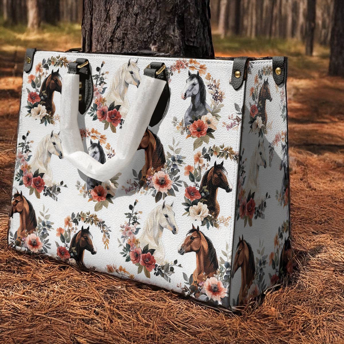 Leather Bag Charming Floral Horses