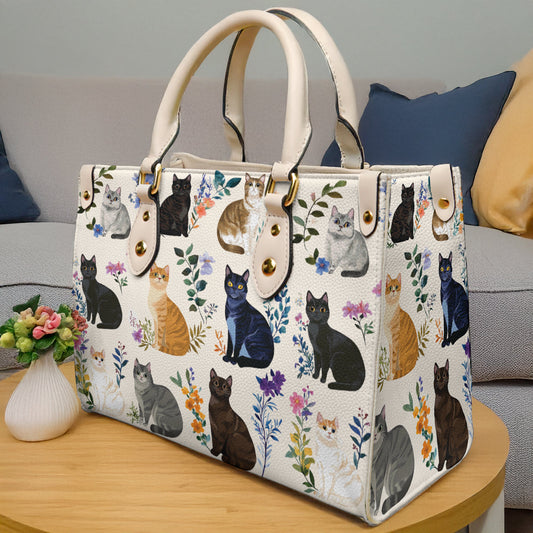 Leather Bag Charming Floral Cats