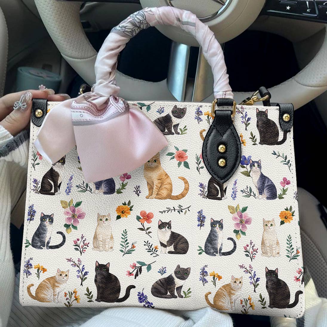 Leather Bag Floral Feline Parade