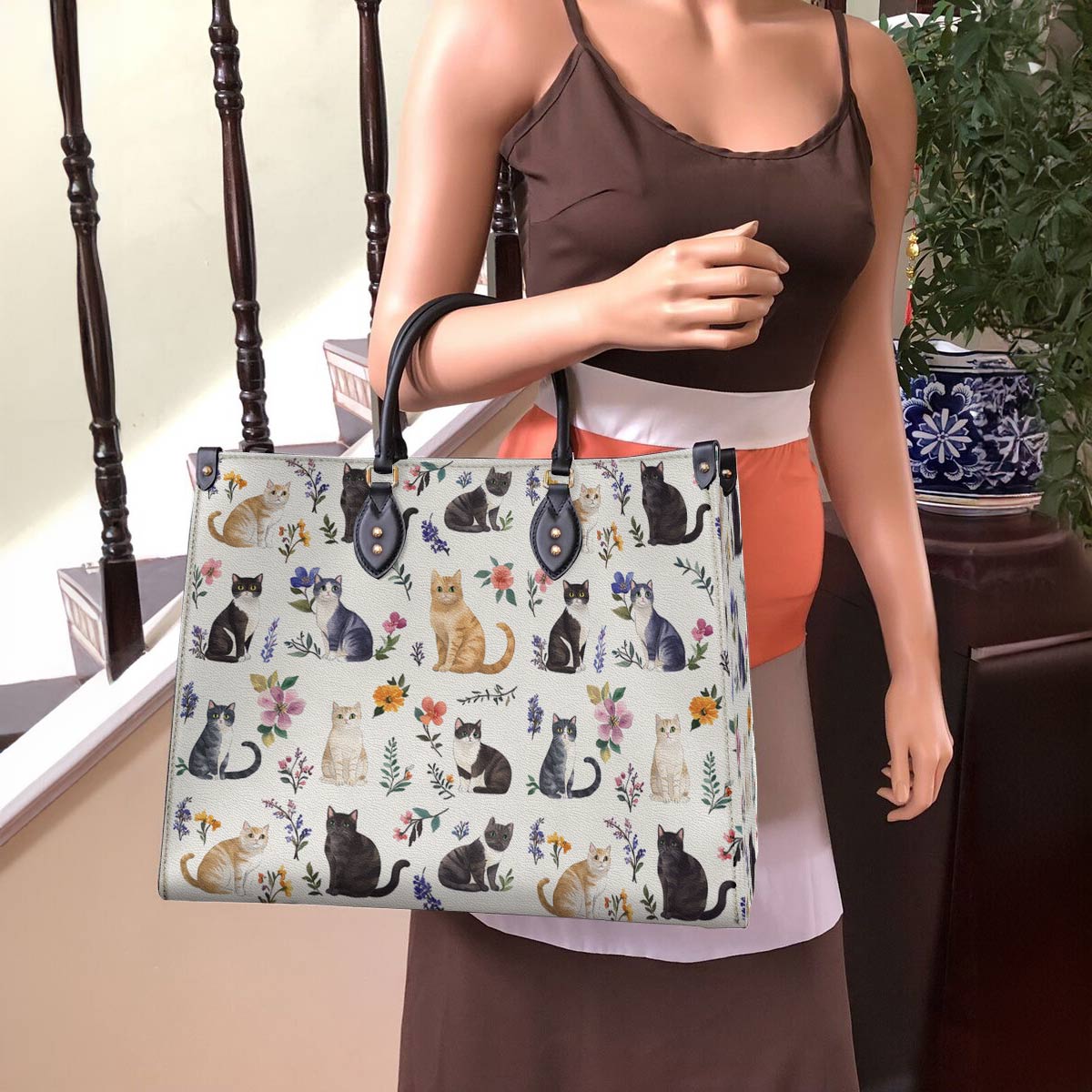 Leather Bag Floral Feline Parade