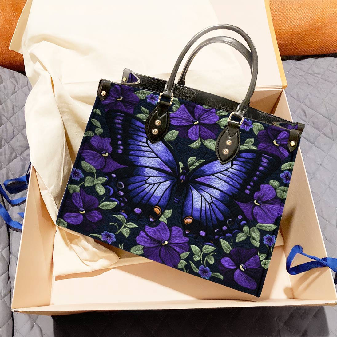 Leather Bag Purple Floral Butterfly