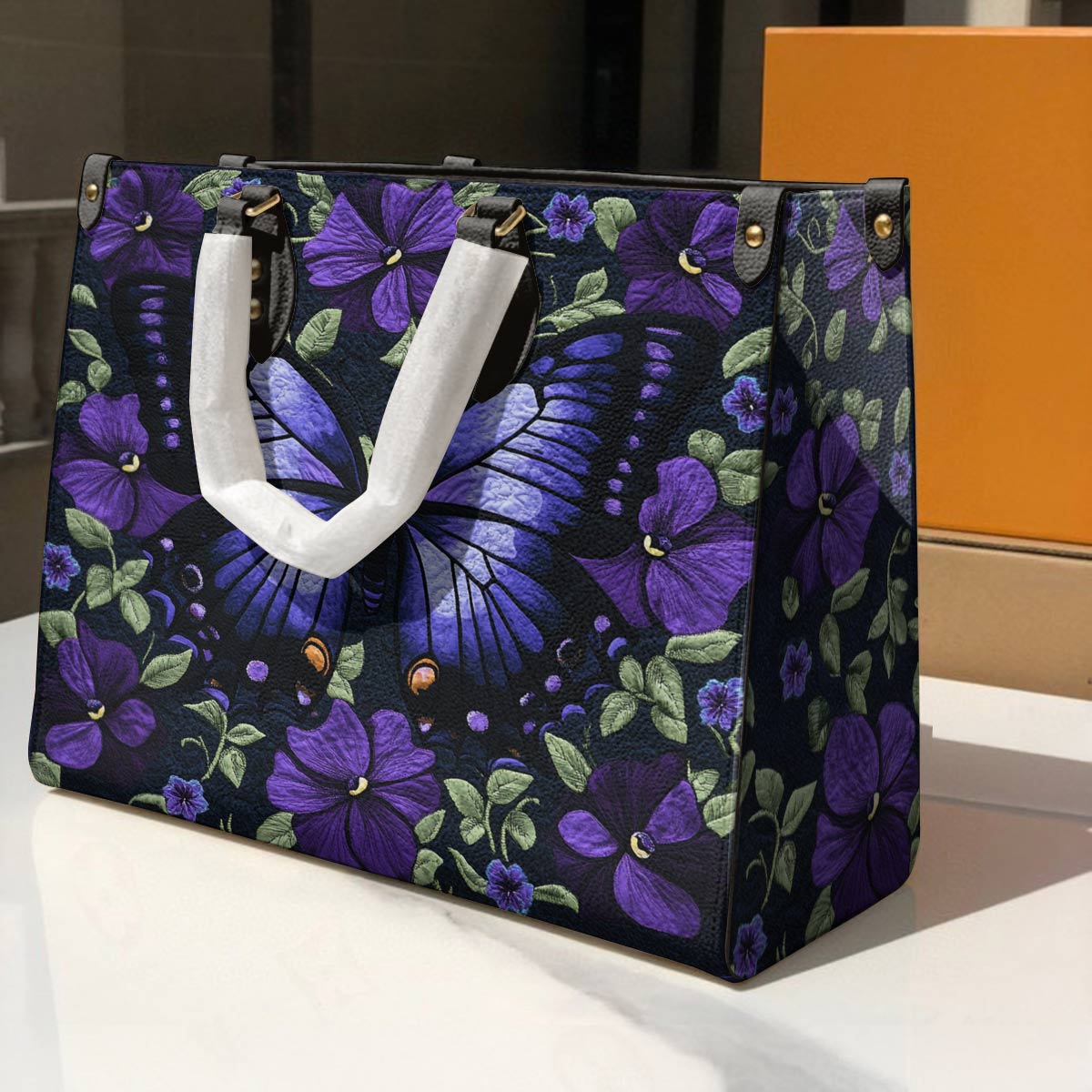 Leather Bag Purple Floral Butterfly