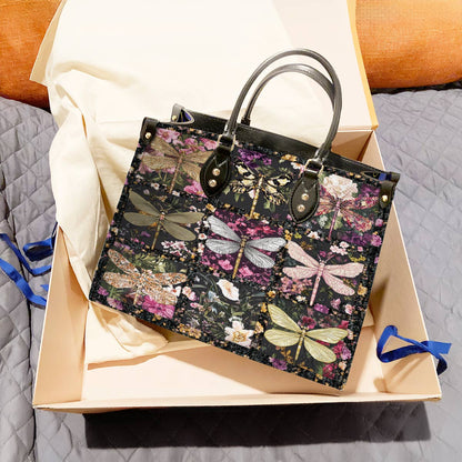 Leather Bag Charming Flowers Dragonflies