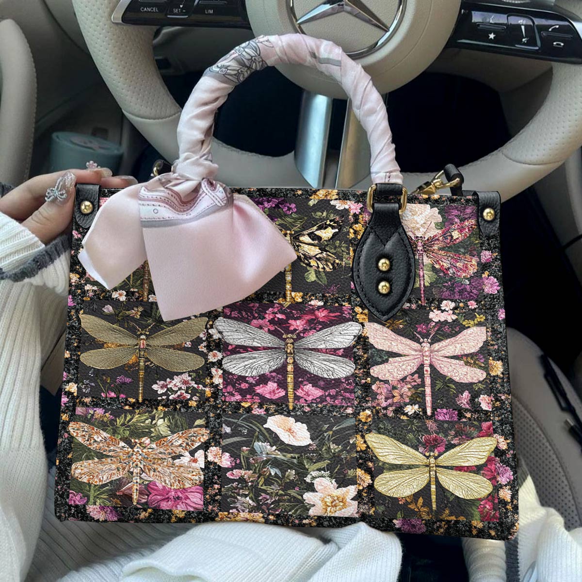 Leather Bag Charming Flowers Dragonflies