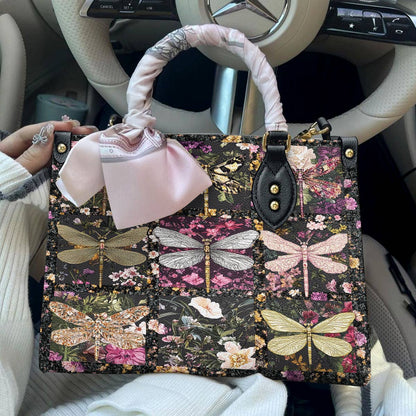 Leather Bag Charming Flowers Dragonflies