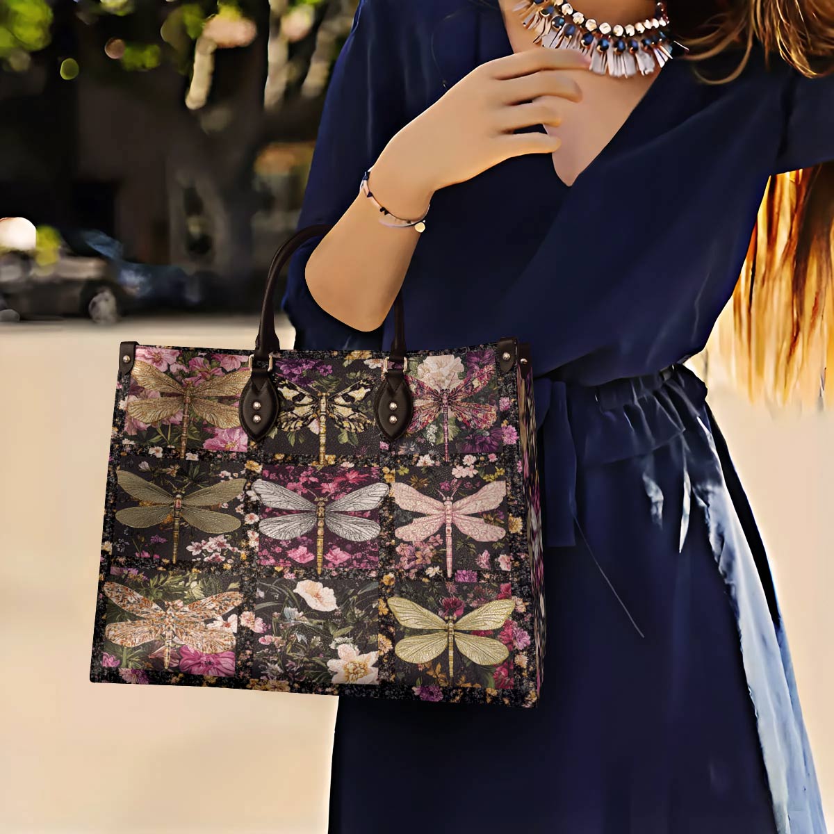 Leather Bag Charming Flowers Dragonflies
