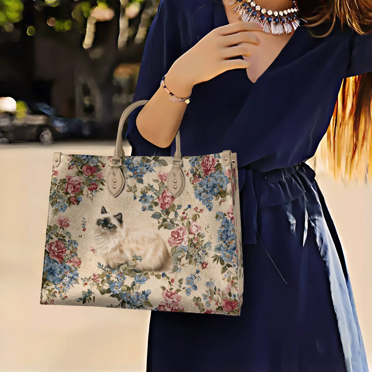 Cat Leather Bag Vintage Floral Cat