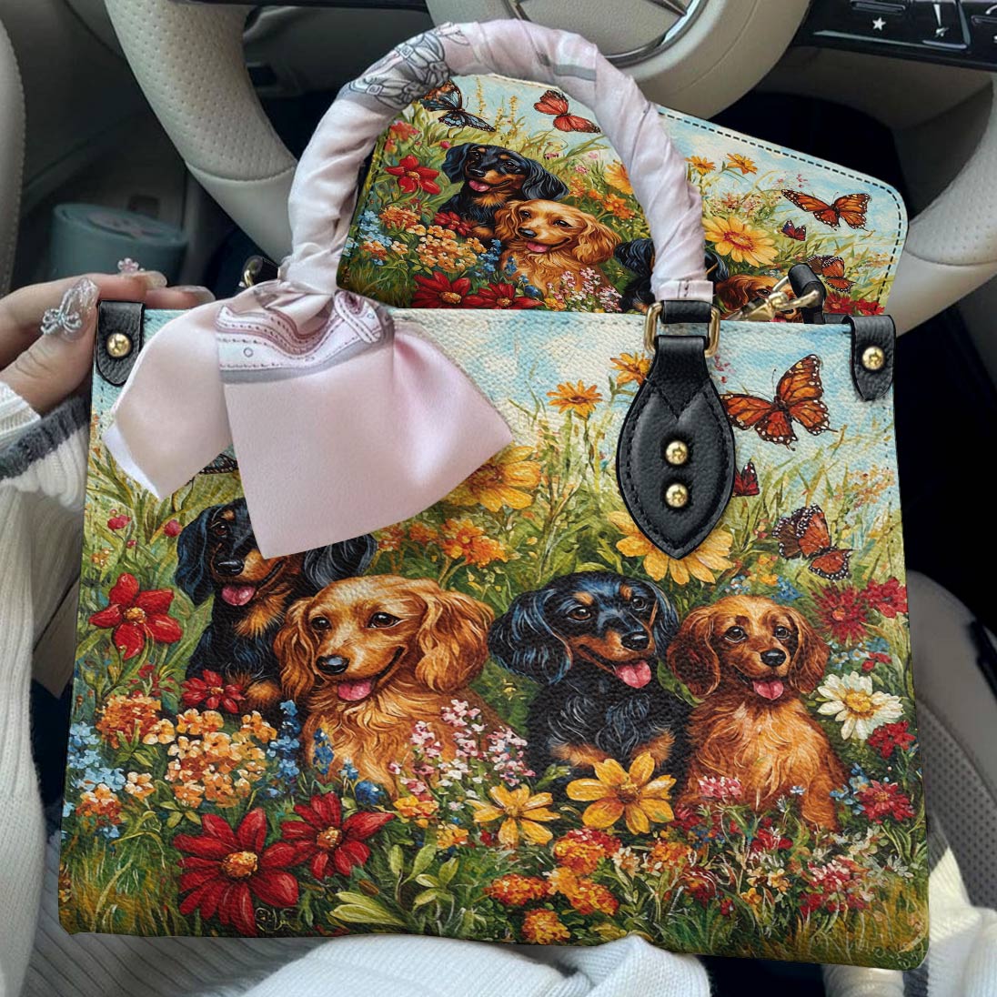 Leather Bag Beautiful Flowers Dachshund