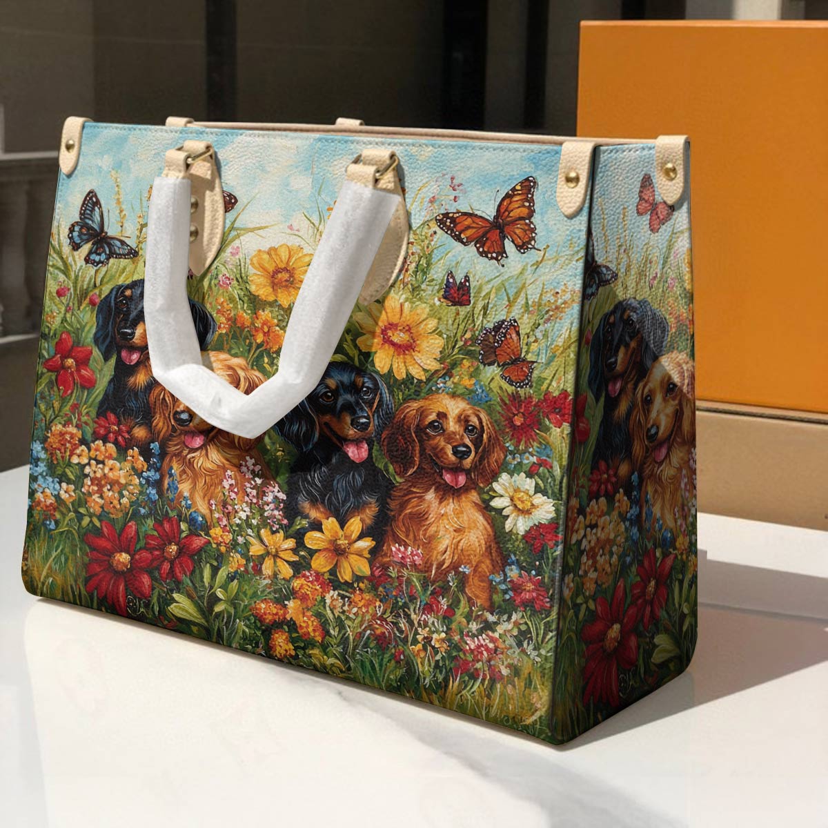 Leather Bag Beautiful Flowers Dachshund