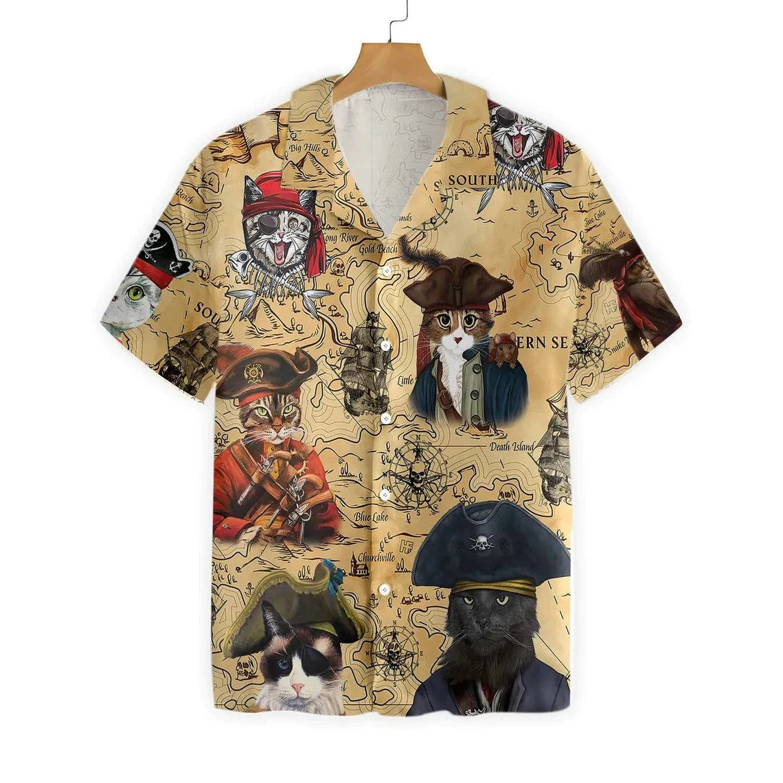 Pirate Cat Hawaiian Shirt, Cat Apparel, Cat Captain Hawaiian Button Up Shirt, Gift For Cat Lover, Aloha shirt, Vintage Hawaii Beach Shirt