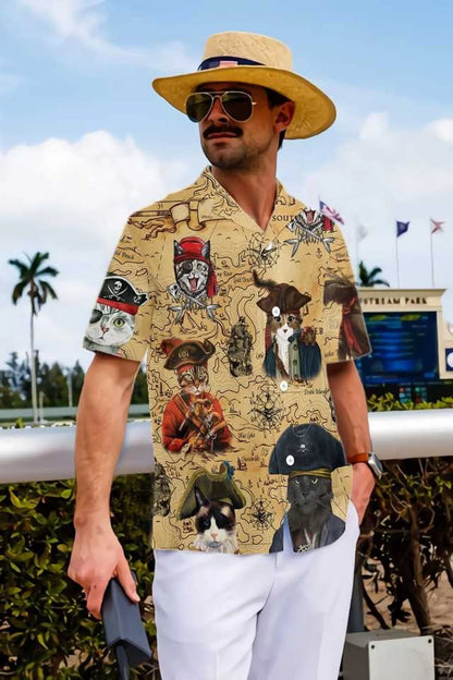 Pirate Cat Hawaiian Shirt, Cat Apparel, Cat Captain Hawaiian Button Up Shirt, Gift For Cat Lover, Aloha shirt, Vintage Hawaii Beach Shirt