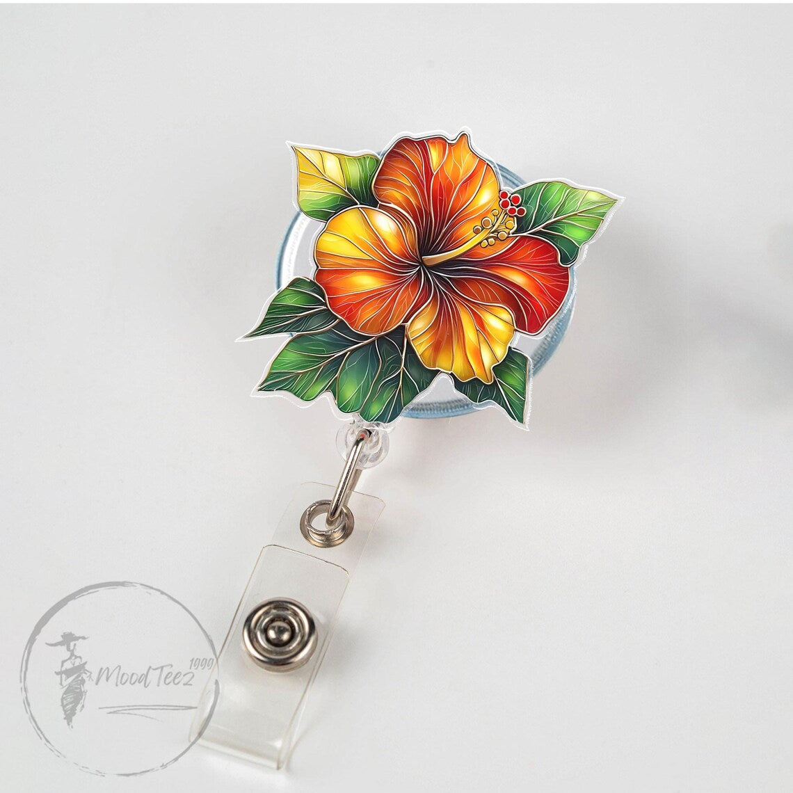 Tropical Hibiscus Badge Reel, Diamond Sparkle Flower ID Holder, Summer Floral Retractable Clip, Cute Gift for Nurse or Teacher