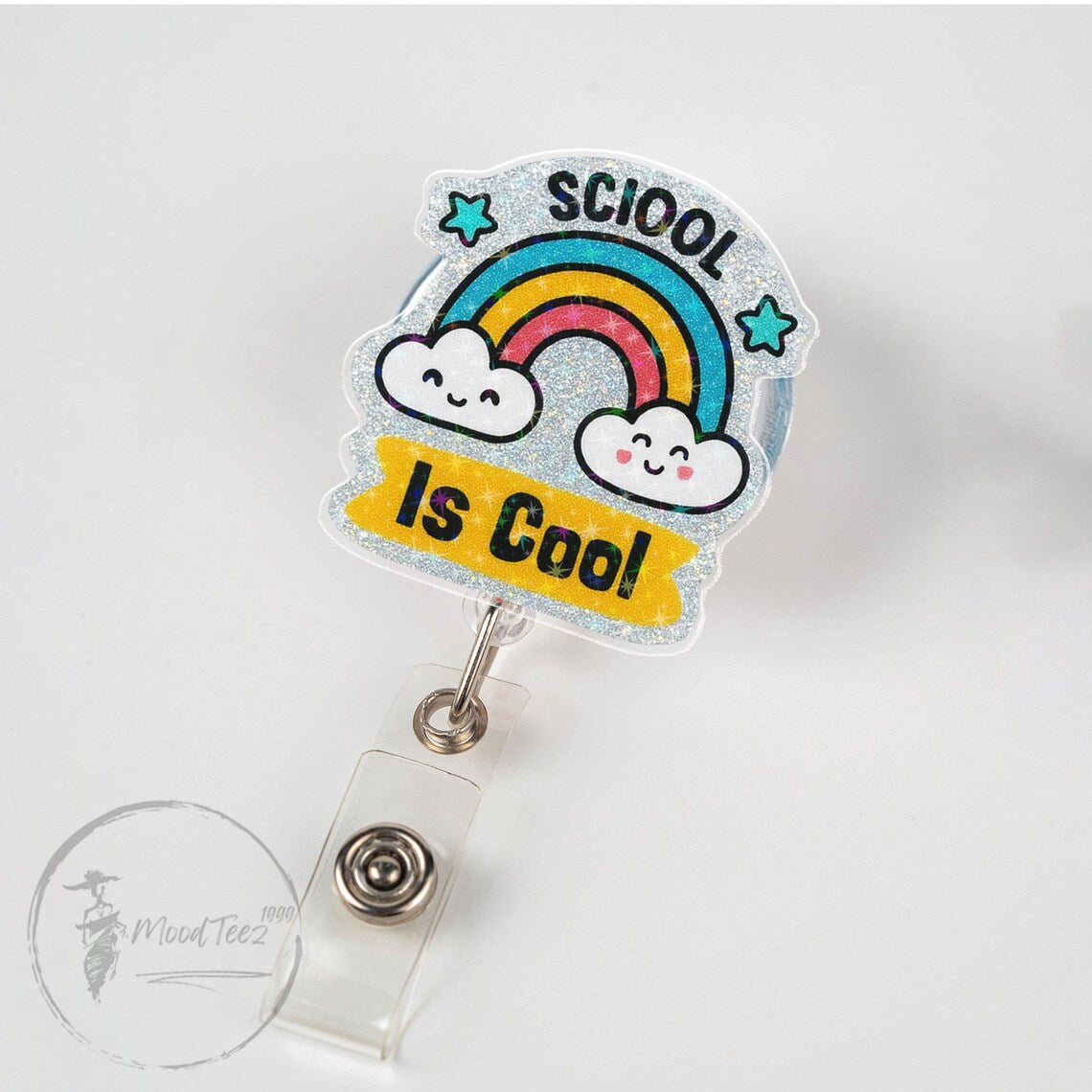 School is Cool Badge Reel, Fun Rainbow Design, Colorful ID Holder, Motivational Gift for Teachers and Students, Cute School Accessory