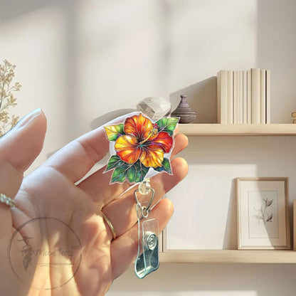 Tropical Hibiscus Badge Reel, Diamond Sparkle Flower ID Holder, Summer Floral Retractable Clip, Cute Gift for Nurse or Teacher