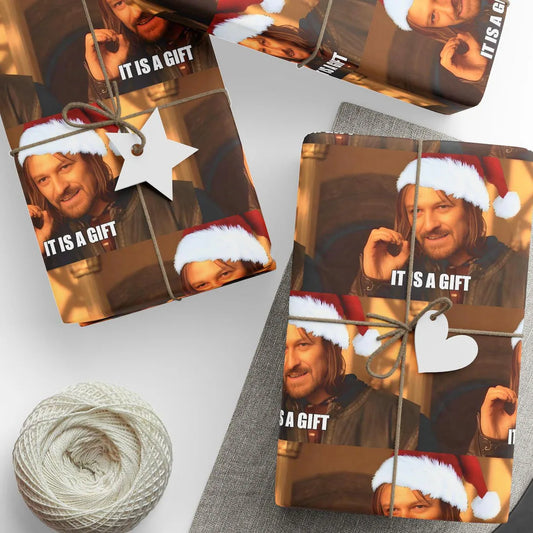 Boromir It Is A Gift Christmas Wrapping Paper, LOTR Gift Wrap, Funny Secret Santa Gift Wrap, Boromir Santa Hat Christmas Idea