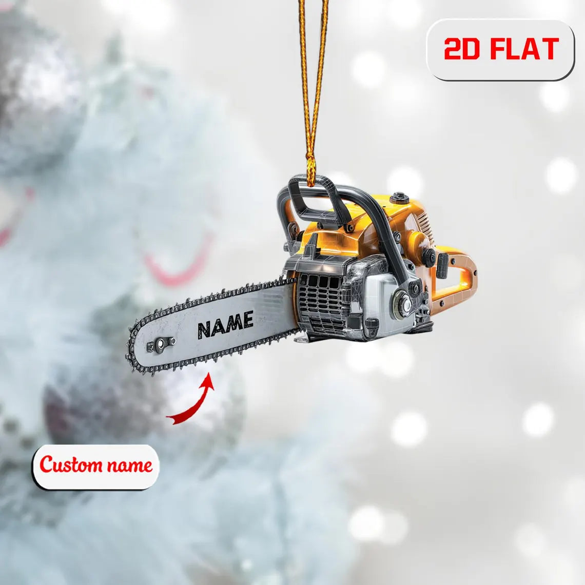 Custom 2D Flat Chainsaw Ornament, Personalized Acrylic Christmas Ornament with Name, Woodworker or Lumberjack Gift, Holiday Tree Decoration