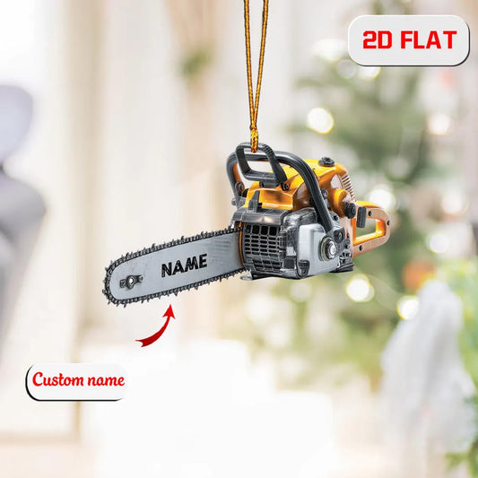 Custom 2D Flat Chainsaw Ornament, Personalized Acrylic Christmas Ornament with Name, Woodworker or Lumberjack Gift, Holiday Tree Decoration