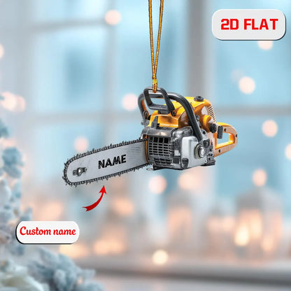 Custom 2D Flat Chainsaw Ornament, Personalized Acrylic Christmas Ornament with Name, Woodworker or Lumberjack Gift, Holiday Tree Decoration