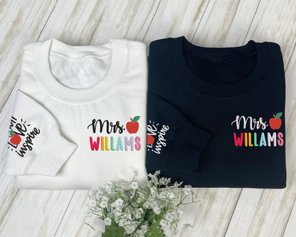 Personalized Teacher Embroidered Sweatshirt, Teach Love Inspire Sweatshirt, Back To School Gift Idea,Teacher Name Sweatshirt