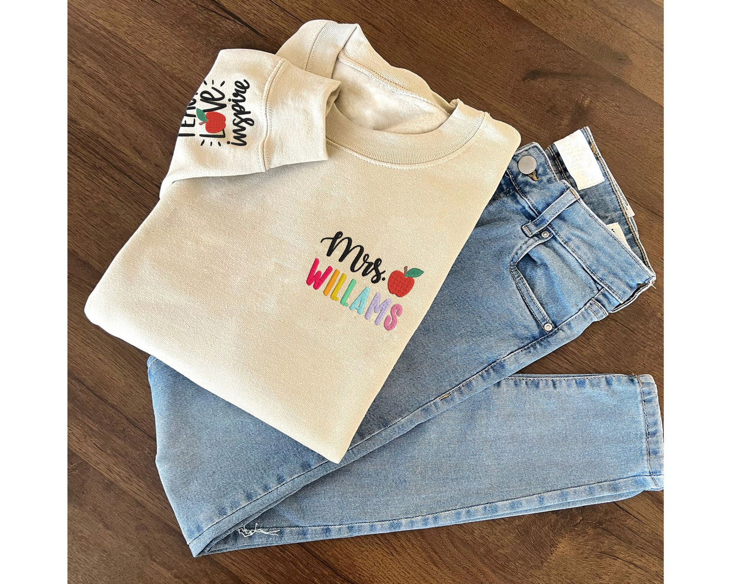 Personalized Teacher Embroidered Sweatshirt, Teach Love Inspire Sweatshirt, Back To School Gift Idea,Teacher Name Sweatshirt