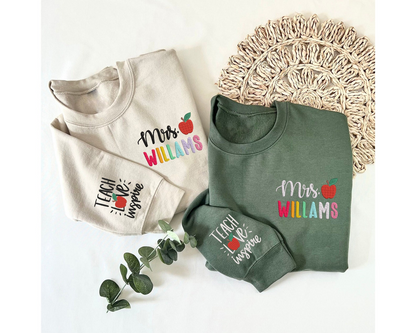 Personalized Teacher Embroidered Sweatshirt, Teach Love Inspire Sweatshirt, Back To School Gift Idea,Teacher Name Sweatshirt