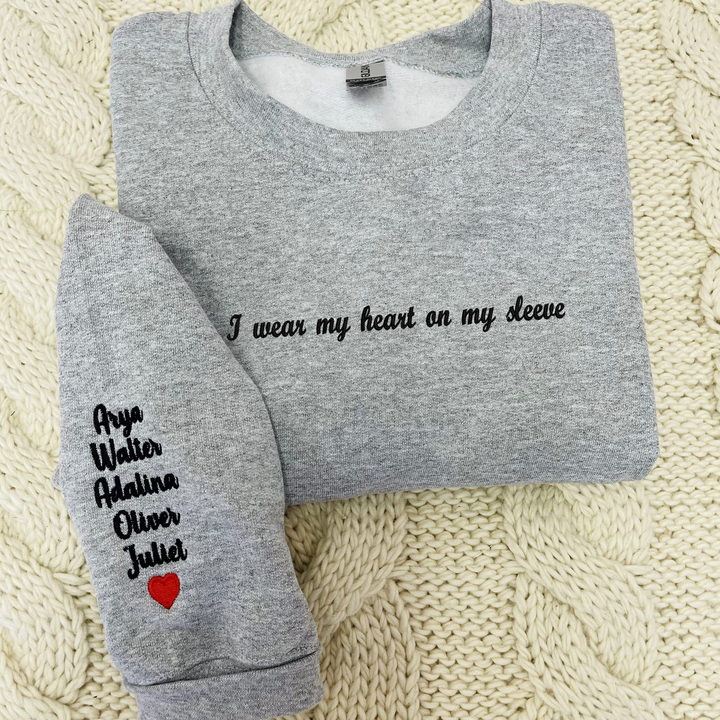 Custom Embroidered Mom Sweatshirt with Kid Names on Sleeve, Personalized Mom Sweatshirt, I Wear My Heart On My Sleeve, Mothers Day Gift