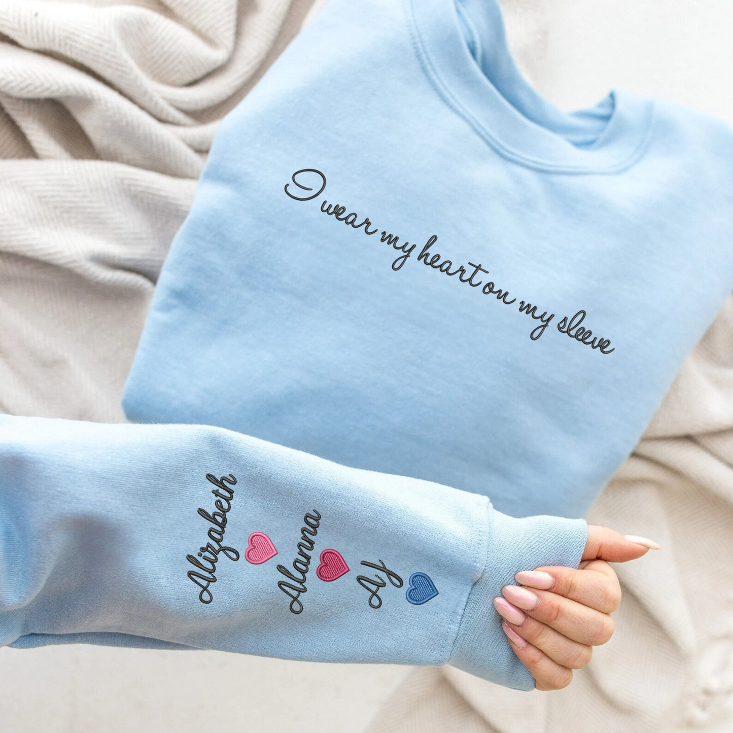 Custom Embroidered Mom Sweatshirt with Kid Names on Sleeve, Personalized Mom Sweatshirt, I Wear My Heart On My Sleeve, Mothers Day Gift