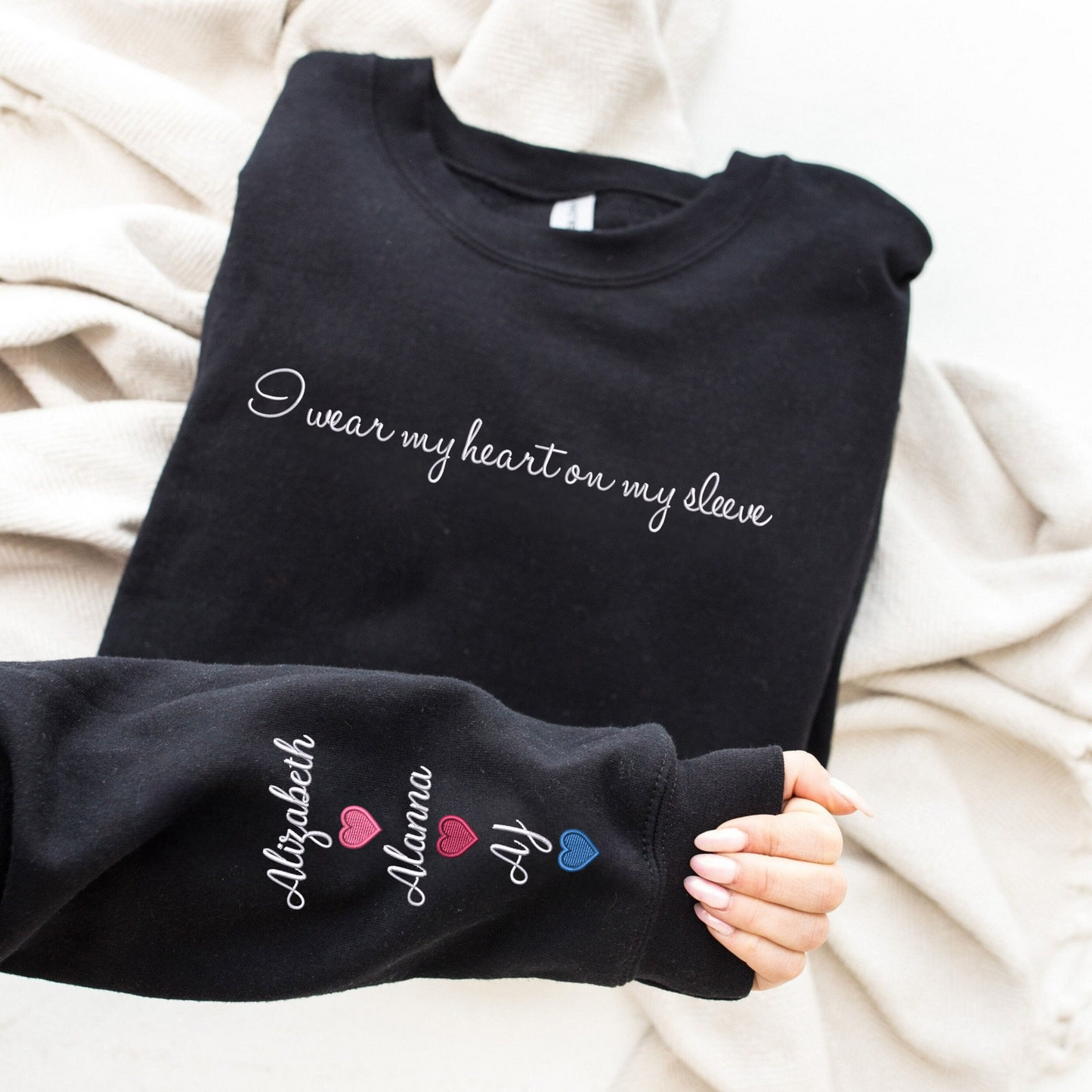 Custom Embroidered Mom Sweatshirt with Kid Names on Sleeve, Personalized Mom Sweatshirt, I Wear My Heart On My Sleeve, Mothers Day Gift