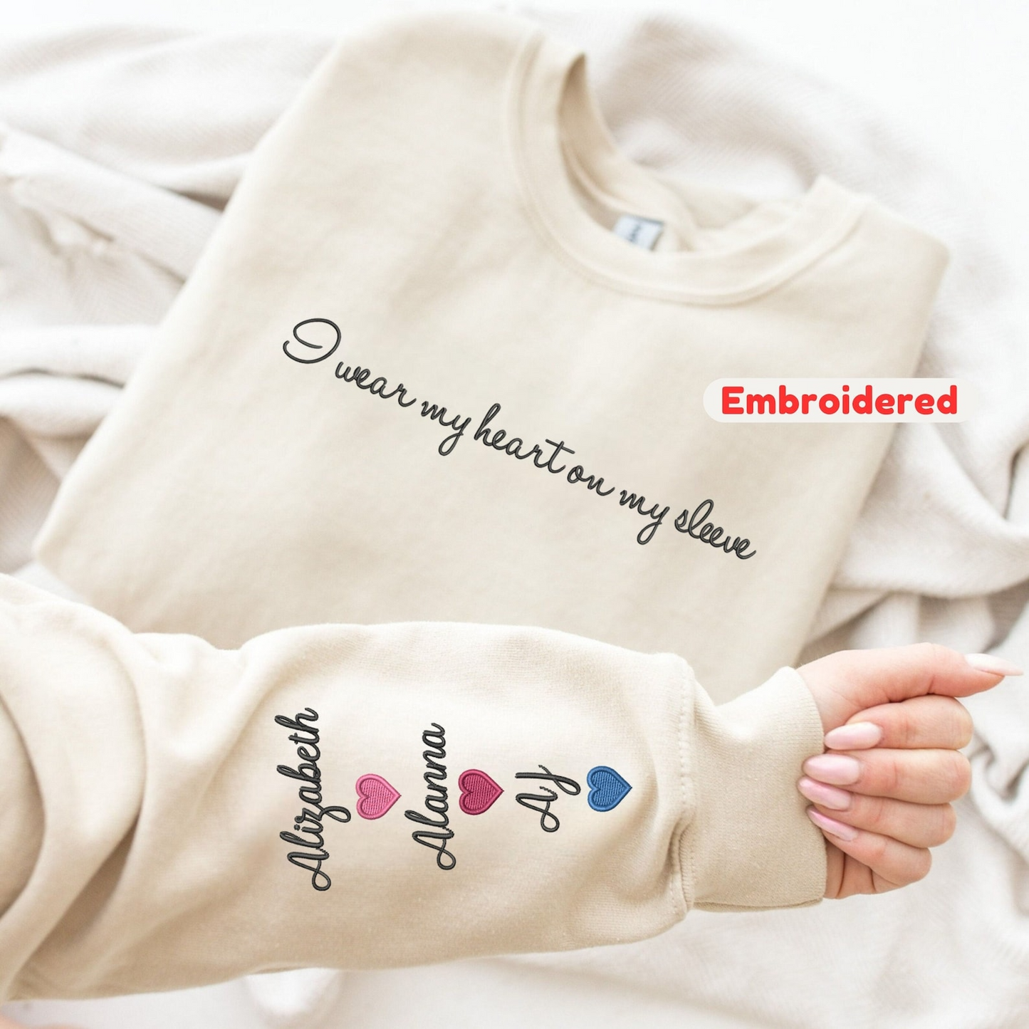 Custom Embroidered Mom Sweatshirt with Kid Names on Sleeve, Personalized Mom Sweatshirt, I Wear My Heart On My Sleeve, Mothers Day Gift