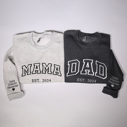 Personalized Mama Dad Embroidered Sweatshirt With Kids Names On Sleeve, Custom Matching Family Dad & Mom Embroidery Hoodie, Mothers Day Gift