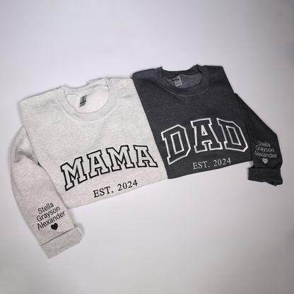 Personalized Mama Dad Embroidered Sweatshirt With Kids Names On Sleeve, Custom Matching Family Dad & Mom Embroidery Hoodie, Mothers Day Gift