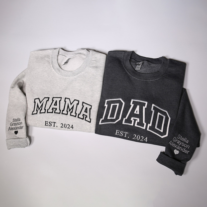 Personalized Mama Dad Embroidered Sweatshirt With Kids Names On Sleeve, Custom Matching Family Dad & Mom Embroidery Hoodie, Mothers Day Gift