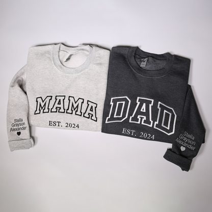 Personalized Mama Dad Embroidered Sweatshirt With Kids Names On Sleeve, Custom Matching Family Dad & Mom Embroidery Hoodie, Mothers Day Gift