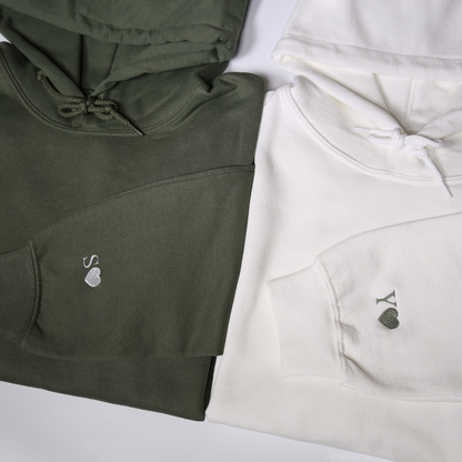 Custom Embroidered Initial Heart Hoodie On Sleeve, Personalized Initials Embroidery Sweatshirts, Matching Couples Outfit, Anniversary Gifts