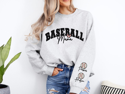 Embroidered Baseball Mom Sweatshirt, Baseball Mama Sweatshirt Name on Sleeve, Custom Embroidered Baseball Mom, Gifts for Mother's Day