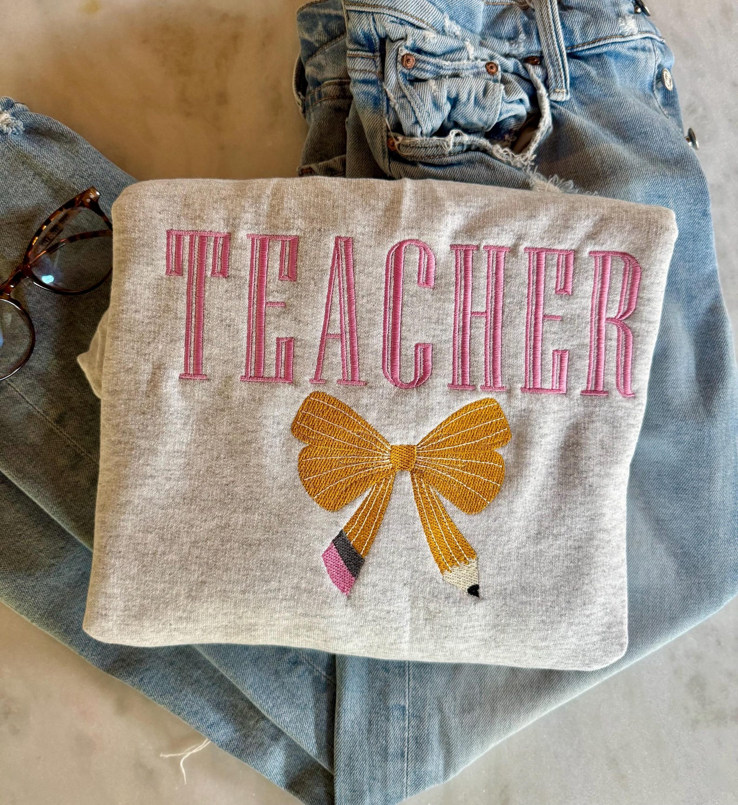 Teacher Embroidered Crewneck, bow pencil, Teach Sweatshirt, Embroidered Sweatshirt, Teaching Gift Shirt, Educator Bow