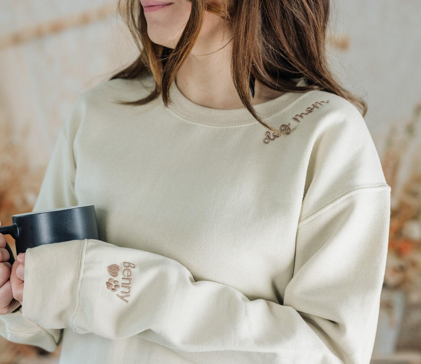 Custom Embroidered Dog Mom Sweatshirt, Dog Name Sweatshirt with Sleeve Names Paw Heart, Dog Mom Gifts, Pet Gifts, Gifts for Dog