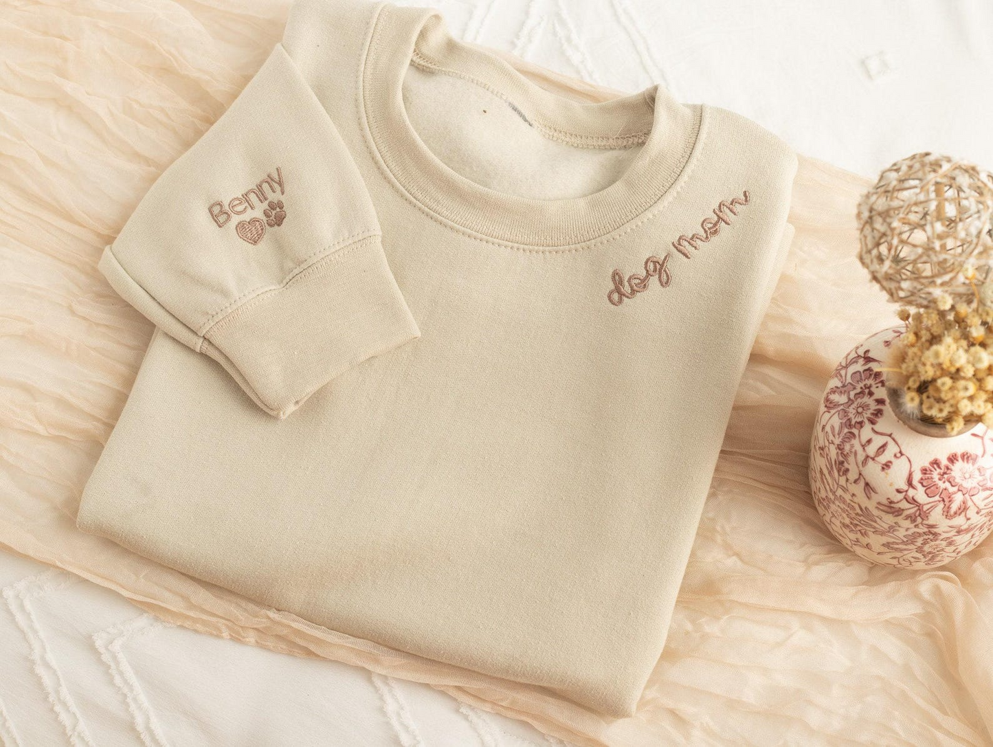 Custom Embroidered Dog Mom Sweatshirt, Dog Name Sweatshirt with Sleeve Names Paw Heart, Dog Mom Gifts, Pet Gifts, Gifts for Dog
