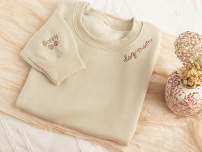 Custom Embroidered Dog Mom Sweatshirt, Dog Name Sweatshirt with Sleeve Names Paw Heart, Dog Mom Gifts, Pet Gifts, Gifts for Dog