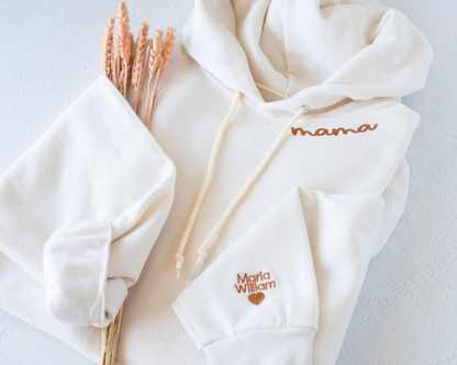 Custom Collar and Sleeve Embroidered Hoodie, Embroidered Mom mama Hoodie with Kids Names, Gift for Mother's Day