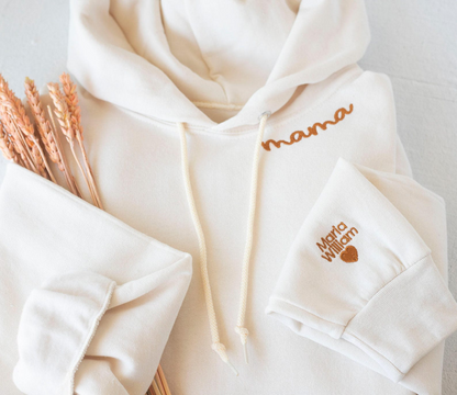 Custom Collar and Sleeve Embroidered Hoodie, Embroidered Mom mama Hoodie with Kids Names, Gift for Mother's Day