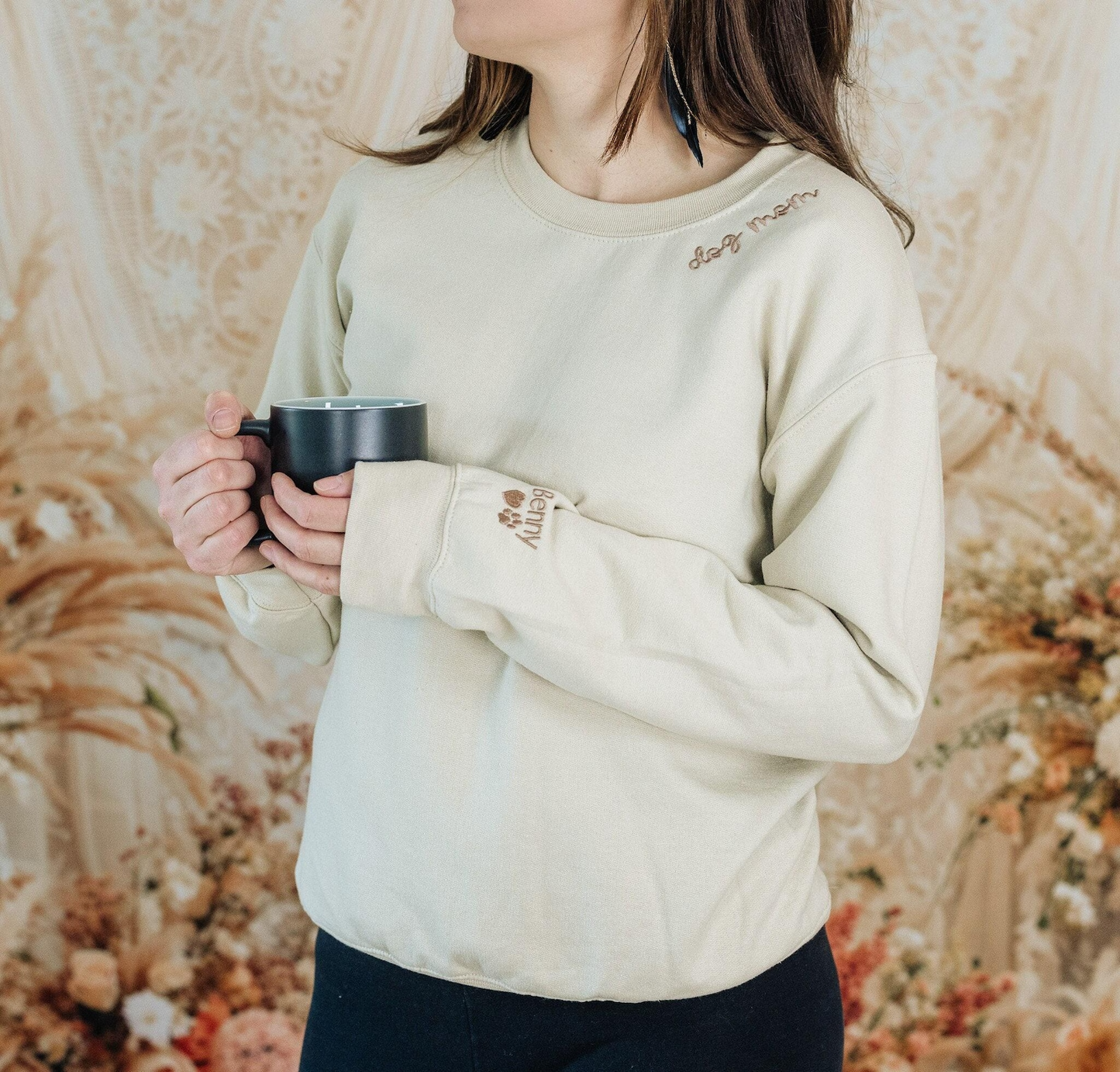 Custom Embroidered Dog Mom Sweatshirt, Dog Name Sweatshirt with Sleeve Names Paw Heart, Dog Mom Gifts, Pet Gifts, Gifts for Dog