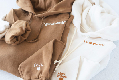 Custom Collar and Sleeve Embroidered Hoodie, Embroidered Mom mama Hoodie with Kids Names, Gift for Mother's Day