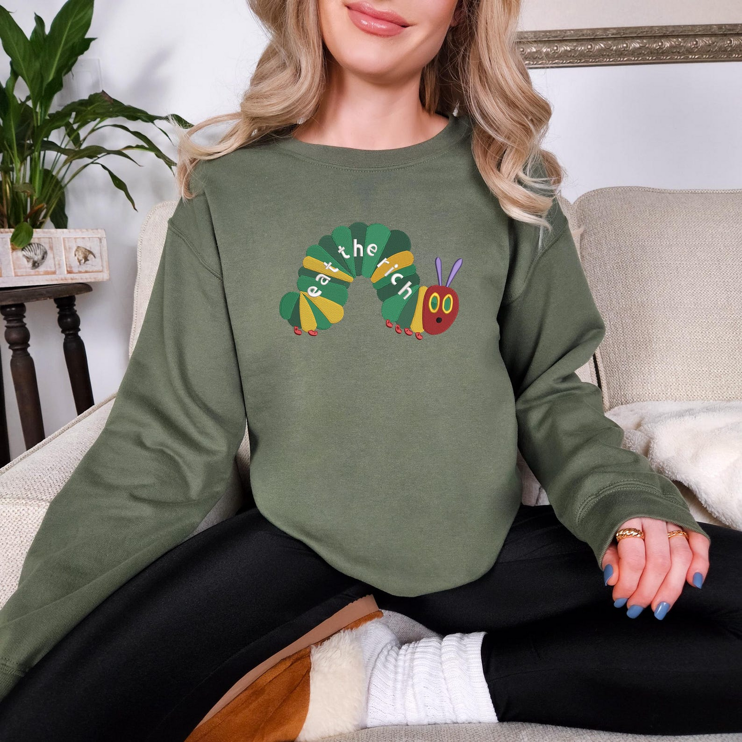EMBROIDERED Eat The Rich Sweatshirt, Hungry Caterpillar Sweatshirt, Bookish Shirt, Activist Shirt, Embroidery Caterpillar Sweatshirt