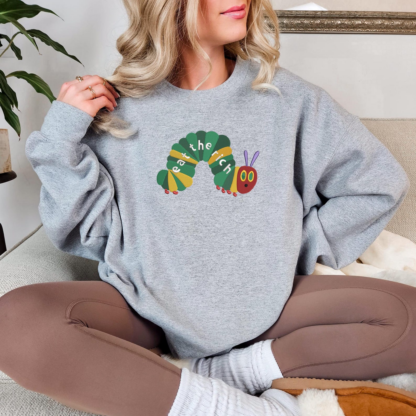 EMBROIDERED Eat The Rich Sweatshirt, Hungry Caterpillar Sweatshirt, Bookish Shirt, Activist Shirt, Embroidery Caterpillar Sweatshirt