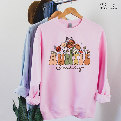 Personalized Auntie Sweatshirt For Aunt, Custom Auntie Gift, New Auntie Crewneck, Wildflowers Auntie Sweater Groovy Aunt Shirt, Aunt Gifts